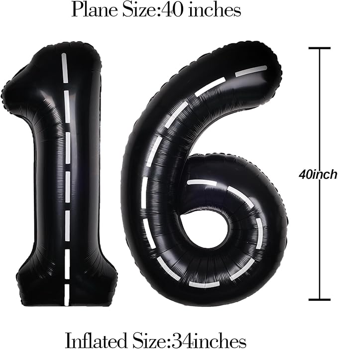 Race Car 40Inch Black 16 Balloon Number Large Helium Race Track 0-9 Giant Digital 16th Foil Mylar Big Party Number Balloons for Boy Birthday Car Theme Party Anniversary Graduation Decorations