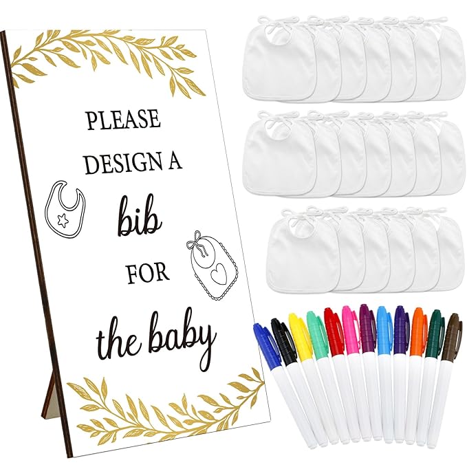 Panitay 43 Pcs Baby Shower Games White Bibs Design, Include Wooden Baby Shower Game Sign, 30 DIY Blank White Bibs, 12 Markers for Gender Reveal Party Decorating Supplies(Golden Leaf)
