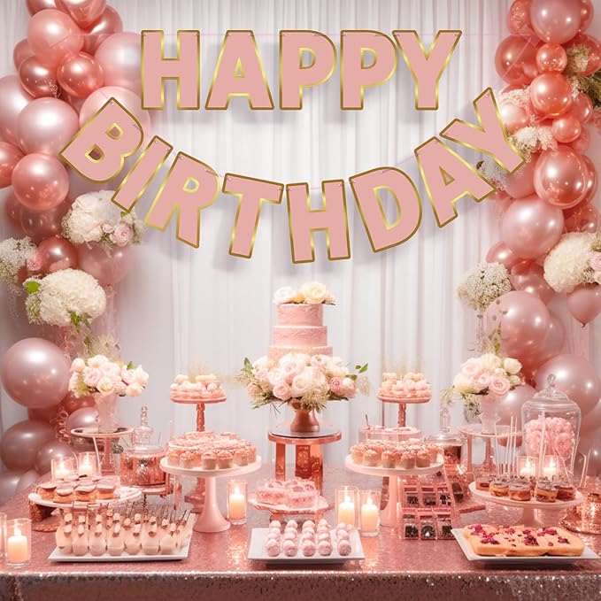 Happy Birthday Banner - 9ft Pre-Strung Happy Birthday Sign for Women, Men, Girls, Boys - No DIY Birthday Decorations & Party Supplies(Rose Gold)