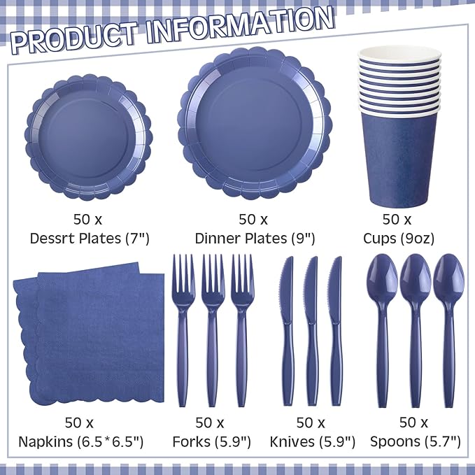 350 Pcs Navy Blue Plates and Napkins, 50 Guest Graduation Party Supplies Include Scalloped Paper Plates Napkins Cups Plastic Spoons Forks Knives Disposable Tableware Set for School Graduate