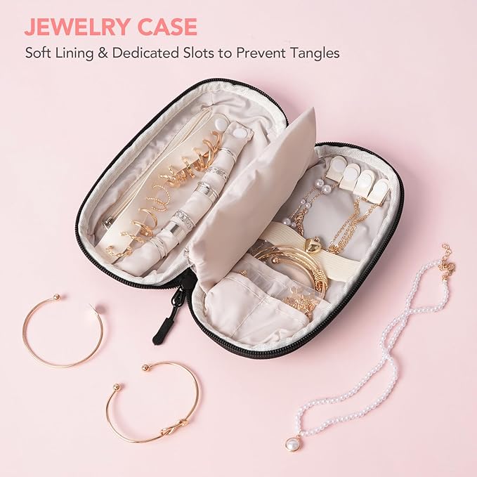 Travel Toiletry Bag Set for Women, Compact Size 5-Piece Hanging Organizer Kit with TSA Approved Cosmetic Bag, Jewelry Case & Cable Pouch, Waterproof Makeup Bag for Travel Essentials- Pink