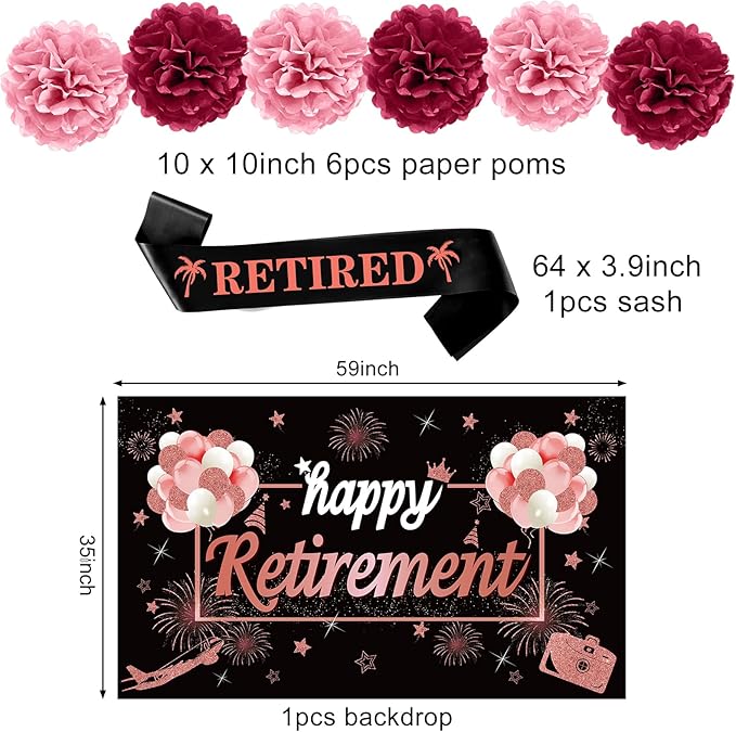 20PCS Happy Retirement Party Decorations Kit for Women, Rose Gold Retirement Backdrop Balloons Honeycomb Centerpiece Swirl Paper Pompoms Party Supplies, Retired Sash Table Topper Swirls Set