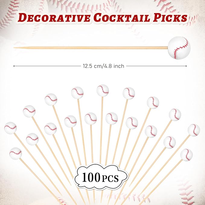 100 Pcs Baseball Toothpicks, 4.72 Inch Baseball Cocktail Picks for Appetizers, Long Bamboo Toothpicks, Decorative Toothpicks Skewers for Holiday Birthday Party Decorations (Baseball 3D)