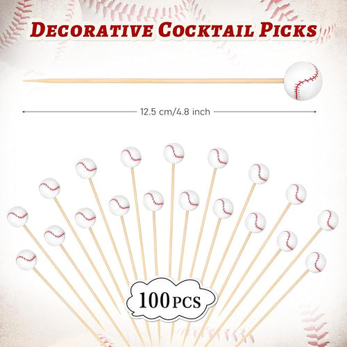 100 Pcs Baseball Toothpicks, 4.72 Inch Baseball Cocktail Picks for Appetizers, Long Bamboo Toothpicks, Decorative Toothpicks Skewers for Holiday Birthday Party Decorations (Baseball 3D)