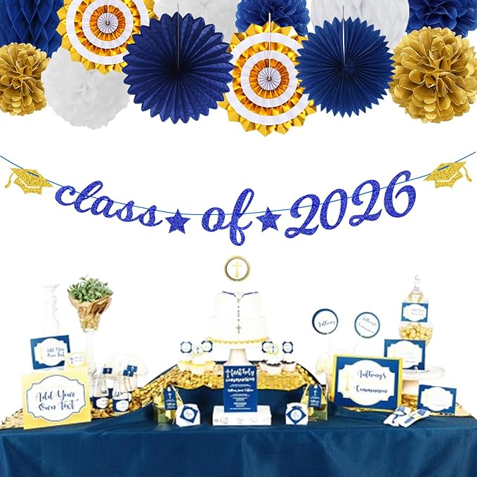Navy-Blue Gold-White Party-Decoration Graduation Banner - 14pcs Kits Cap Garland Streamers, Royal Paper Tissue Pom Poms Flowers Fans Honeycomb,Class Of 2026 College High School Grad Decor Hugfond
