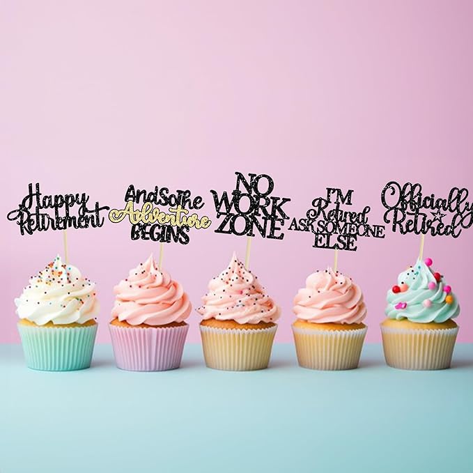 Gyufise 30Pcs Happy Retirement Cupcake Toppers Officially Retired No Work Zone Adventure Begins Cupcake Picks for Retirement Theme Farewell Birthday Party Cake Decorations Supplies Black
