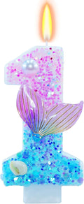 Mermaid Themed Birthday Candles, Number 1 Girls Glitter Birthday Party Supplies,Anniversary Party Decor,2.87 inch Cake Topper Decorations (Mermaid Themed, Number 1)