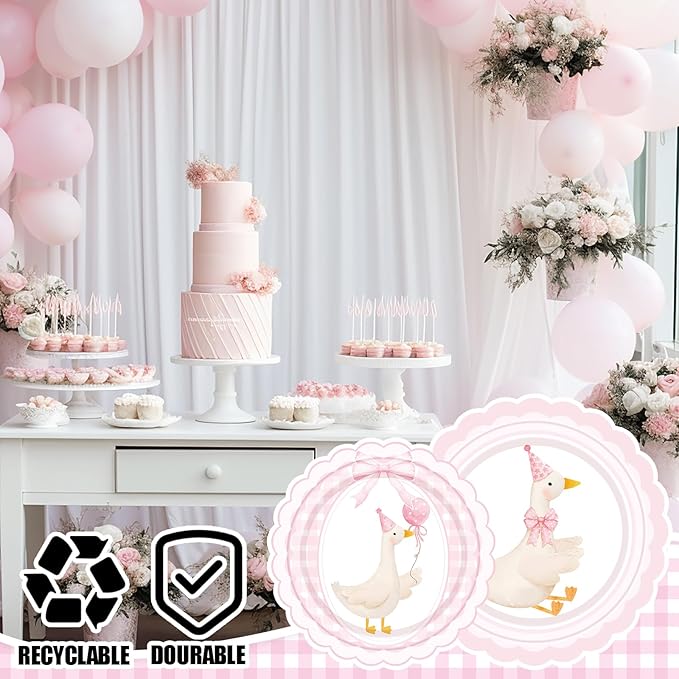 Zhehao 350 Pcs One Silly Goose Birthday Party Tableware Set Scalloped Pink Baby Shower Plates Cup Napkins Forks for Birthday Party Decorations Supplies for 50 Guests