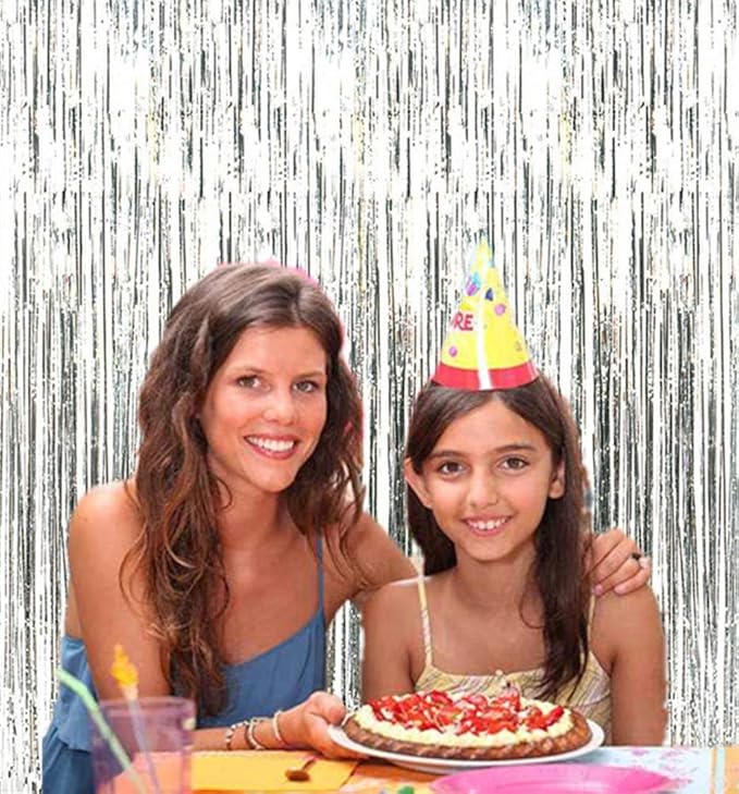 2 Pcs 3.2ft x 8.2ft Shiny Silver Metallic Tinsel Foil Fringe Curtains Photo Booth Backdrop for Birthday Wedding Bridal Shower Holiday Celebration Bachelorette Party Decorations