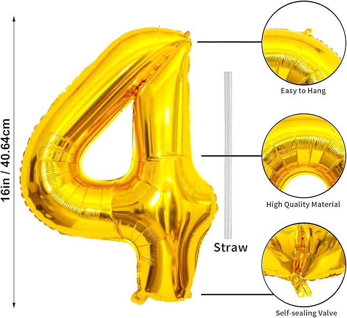 16 In Gold Large Numbers Balloons 0-9, Self Inflating Number 4 Balloons for Boys Girls, Big Gold Digit 4 Balloons for Women Men Birthday Party Anniversary Wedding Supplies Decorations