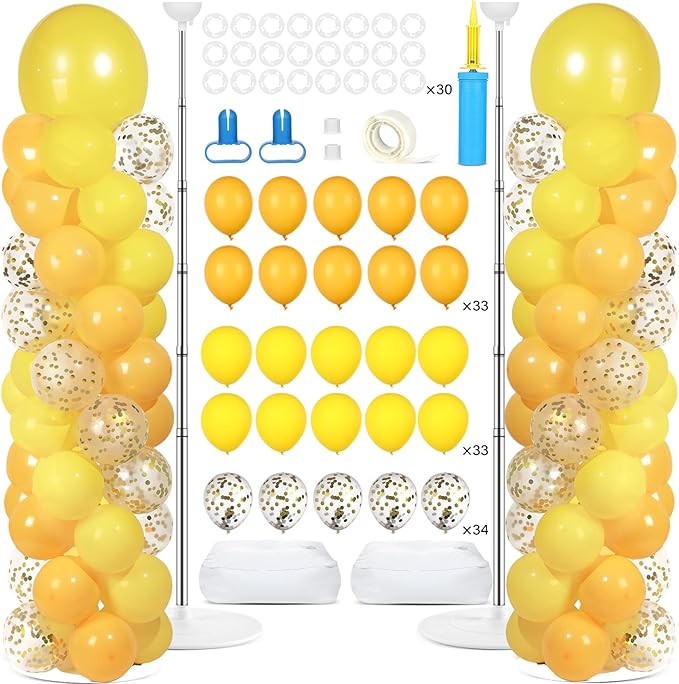 2 Sets Golden Yellow Balloon Column Stand Kit with 100 Balloons Adjustable Balloon Tower Stand with Bases for Floor Confetti Balloons Column Kit for Graduation Birthday Appreciation Party Decor