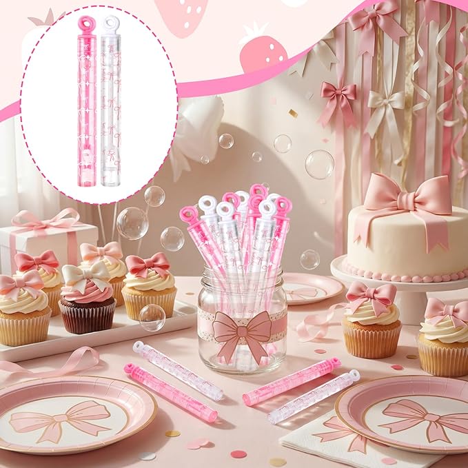 32 Pcs Pink Bow Bubble Wands Cute Bubbles Party Favors for Adult Summer Activity Birthday Party Goodie Bag Stuffers Gifts Wedding Supplies