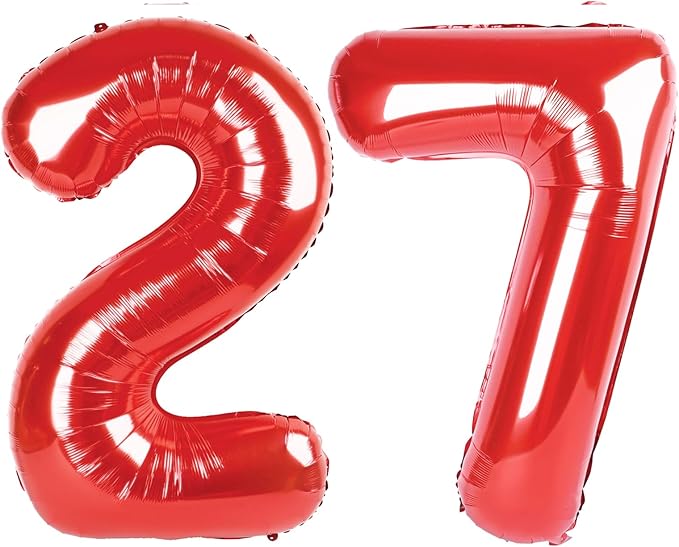 Number 27 Balloons, 40 Inch Balloons for Woman Man 27th Red Birthday Party Decoration, Foil Number Ballon for 27, 72 Valentine's Day, Anniversary, Bridal Shower, Graduation