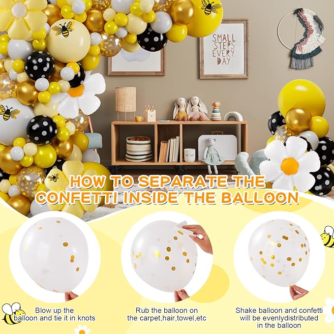 VinTS 140 Pcs Bee Balloons Garland Kit,Yellow Black White Balloons with Bee Stickers Gold Confetti Daisy Foil Balloons for Honey Bee Birthday Baby Shower Spring Theme Party Decoration