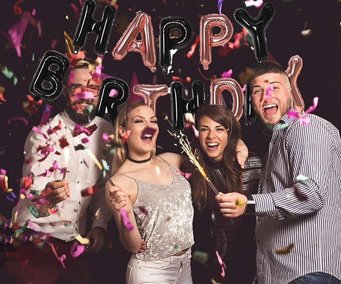 KALOR Black and Rose GoldHappy Birthday Balloons Banner, 16 Inch Mylar Foil Letters Balloon Sign for Birthday Party Decorations Photo Booth Backdrop