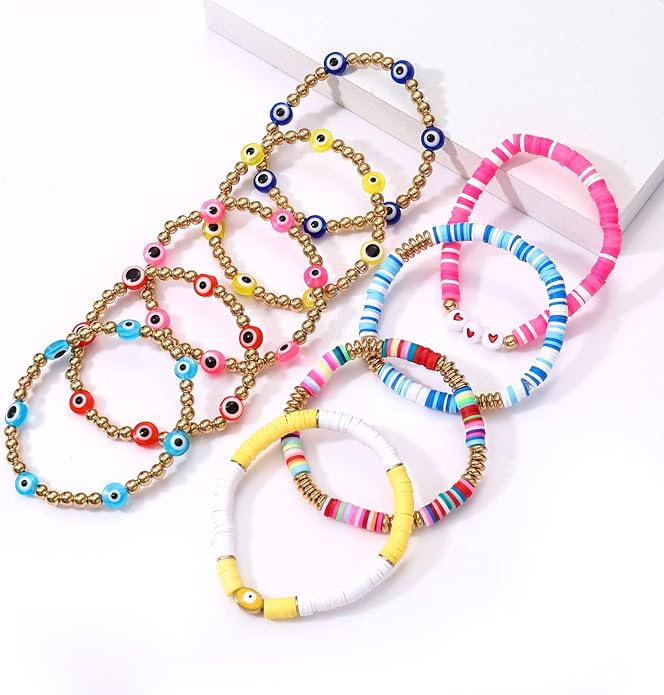 Surfer Heishi Bracelets for Women Stackable Rainbow Vinyl Disc Clay Beaded Stretch Bracelets Elastic Layering Friendship Bracelets Boho Summer Beach Jewelry