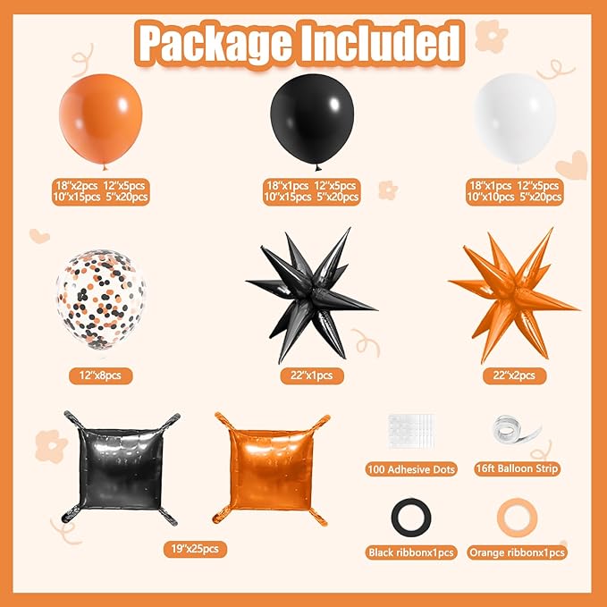 152Pcs Orange and Black Foil Square Balloon Wall Backdrop with Black Orange White Latex Balloons Arch Garland Kit, Double Sided Balloon Tunnel for Graduation, Birthday, Halloween Party Decoration