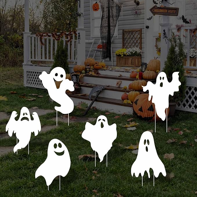 Halloween Outdoor Decorations Yard Signs Stakes 6Pc Ghost Lawn Decorations Signs Hanging Ghost for Garden Yard Scary Halloween Party Supplies Trick or Treat Party Decorations Outside