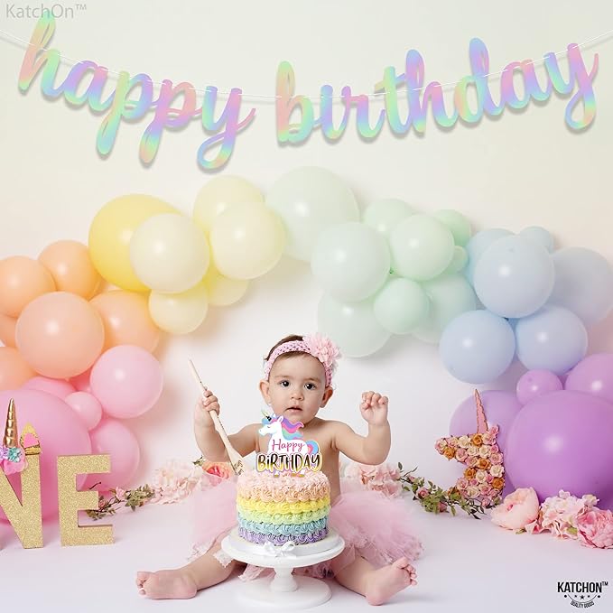 KatchOn, Pre-Strung Iridescent Happy Birthday Banner - 10 Feet | Iridescent happy Birthday Sign for Holographic Happy Birthday Decorations | Mermaid Birthday Decorations | Iridescent Party Decorations