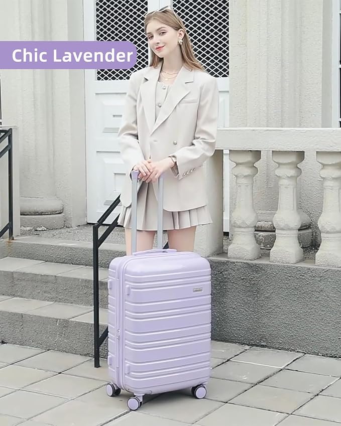 LARVENDER Carry on Luggage 22x14x9 Airline Approved, 20 Inch Hardside Suitcase with Wheels TSA Lock, PC+ABS Lightweight Travel Luggage Sets for Women, Glossy Lavender, 3 Piece Set