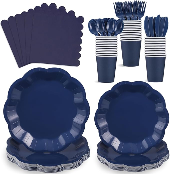 175 Pcs Navy Blue Plates and Napkins Set, 25 Guest Navy Blue Party Supplies Include Scalloped Plate Paper Napkin Cup Forks Knives Disposable Plastic Cutlery for Wedding Baby Shower Birthday Party