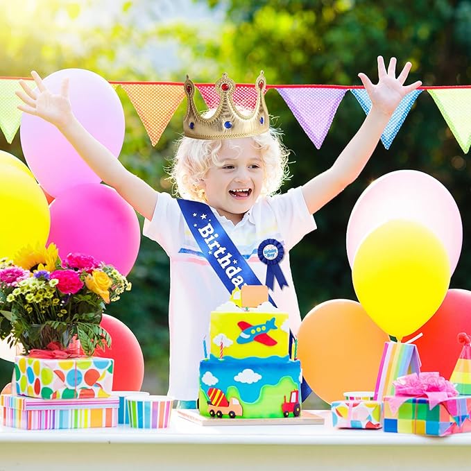Birthday Boy Sash Hat Button Pin Accessory, Birthday King Crown Party Set, Photo Props for Boys' Theme Party Decoration