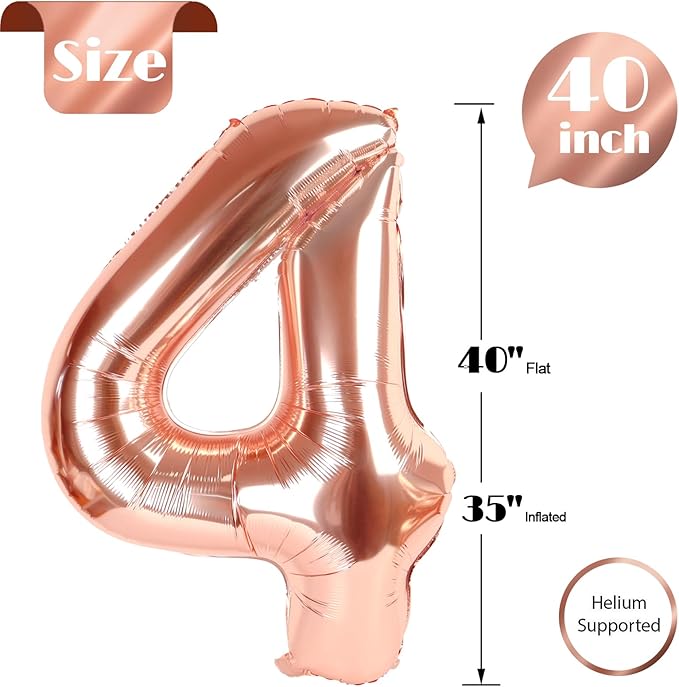 Rose Gold 4 Balloon, Number Balloons 40 Inch, 4th Birthday Decorations for Girls Boys, Four Large Numbers for Party Decor, Number 4 Balloon