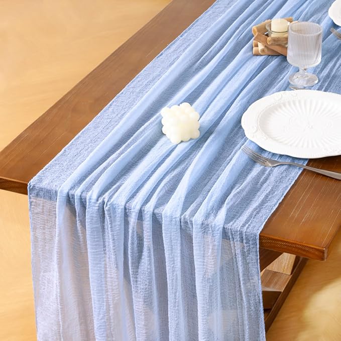 Socomi 6pcs Blue Easter Spring Gauze Cheesecloth Table Runner 120 Inch Rustic Boho Cheese Cloth Runner for Wedding Party Baby Bridal Shower Centerpiece Decoration Holiday Home Decorations