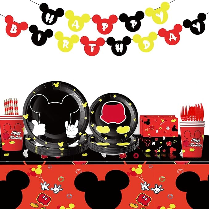 91Pcs Red Mouse Party Supplies Tableware Set, Cartoon Theme Birthday Party Decorations Include Paper Plates, Napkins, Tablecloth, Straws, Cups, Knives, Spoons and Forks (Red)