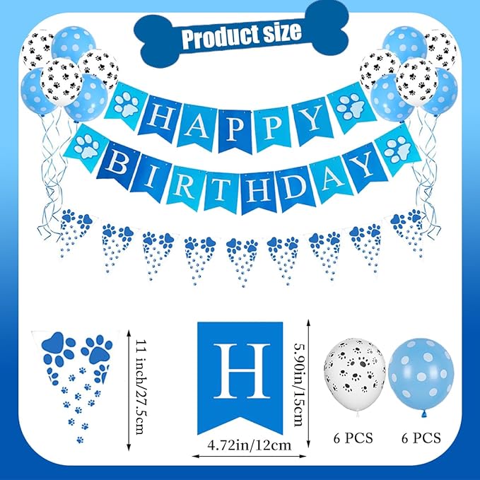 Dog Themed Puppy Paw Balloons Happy Birthday Party Banner for Girls & Women DIY Party Supplies (Blue Banner+Latex Balloon)