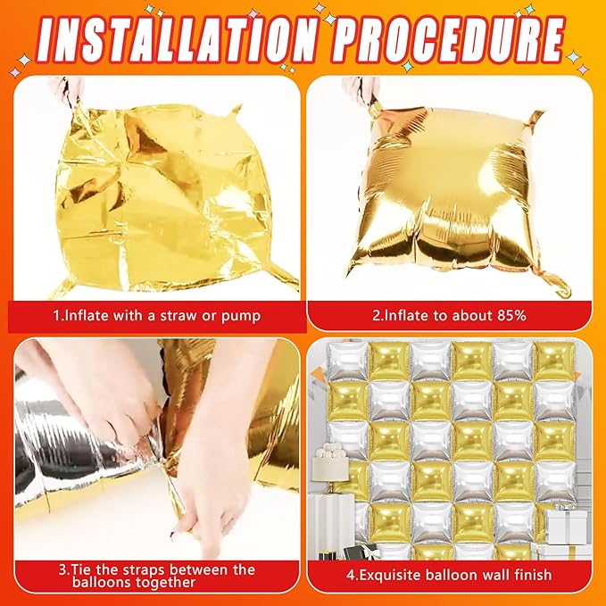 36 Piece XL Gold and Silver Square Foil Balloons Wall Screen Double Sided Square Balloon Screen Tunnel Arch Kit Mylar for Baby Shower Graduation Prom Birthday Party Decorations