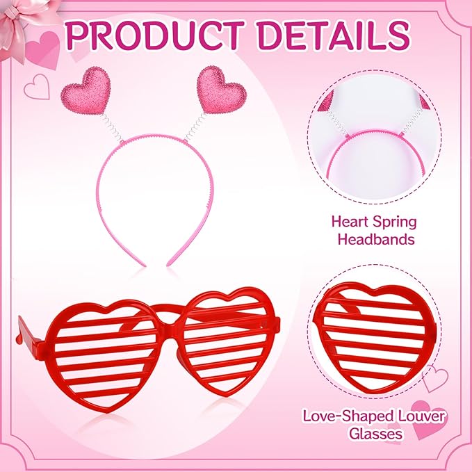 24 Pcs Valentines Heart Head Boppers Headbands and Heart Shape Sunglasses Party Supplies