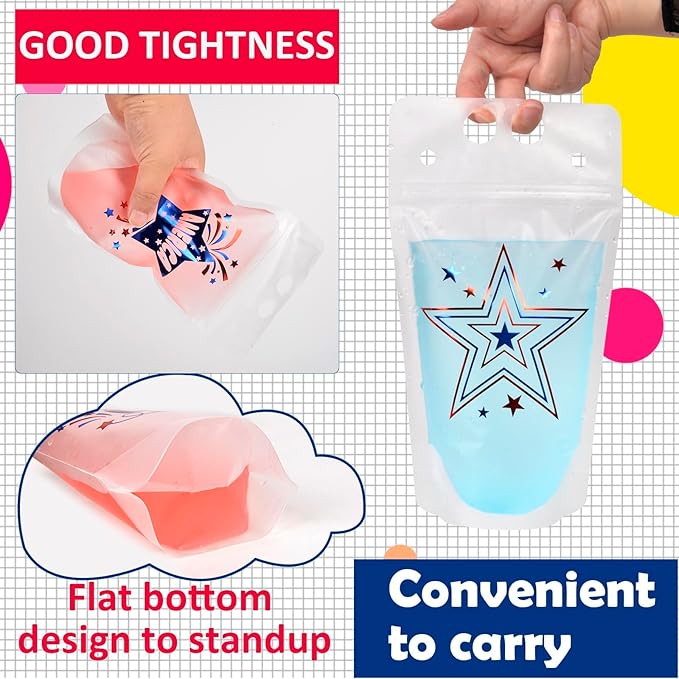 ChezMax 24PCS Drink Pouches for adults, Patriotic Drink Pouches with Straws, USA Party Favors, American Flag Party Supplies, Pouches Stand up Bags, Juice Pouches, 6 Styles, 500 ML
