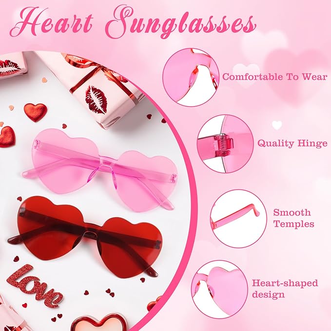 PLULON Heart Sunglasses for Women 5/12/25 Pcs, Heart Glasses Valentine Day Rimless Shaped Candy Color Fun Glasses Party Favor