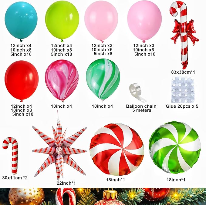 Christmas Balloon Garland Arch Kit, 121Pcs Pastel Green Pink Teal Blue Red Sand Tie Dye Balloons with Large Cane Candy Windmill Star Foil Balloon for Xmas Merry Christmas Party New Year Decorations