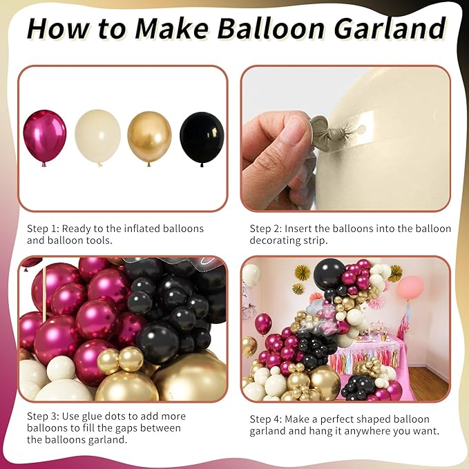 Graduation Balloon Arch Garland Kit, Double Stuffed Metallic Hot Pink and Gold Black White Sand Fuchsia Latex Party Balloons for Girls Women Birthday Wedding Baby Shower Party Decorations