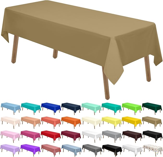 PARTY ULYJA Gold Plastic Tablecloths 2 Pack Solid Disposable Table Covers 54 x 108 Inch Golden PEVA Table Cloths for BBQ Picnic Birthday Wedding Banquet Parties 8 ft Rectangle Table Use