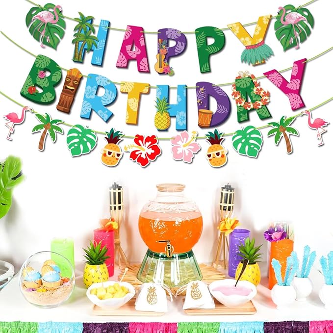 Hawaiian Birthday Banner,3 Packs Hawaiian Happy Birthday Banner,Hawaiian Birthday Party Decorations
