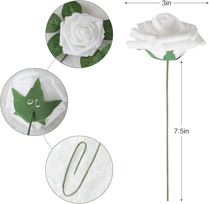AmyHomie Artificial Flower White Rose 25pcs Real Looking Fake Roses w/Stem for DIY Wedding Bouquets Centerpieces Arrangements Party Baby Shower Valentines Day Christmas Tree Decorations