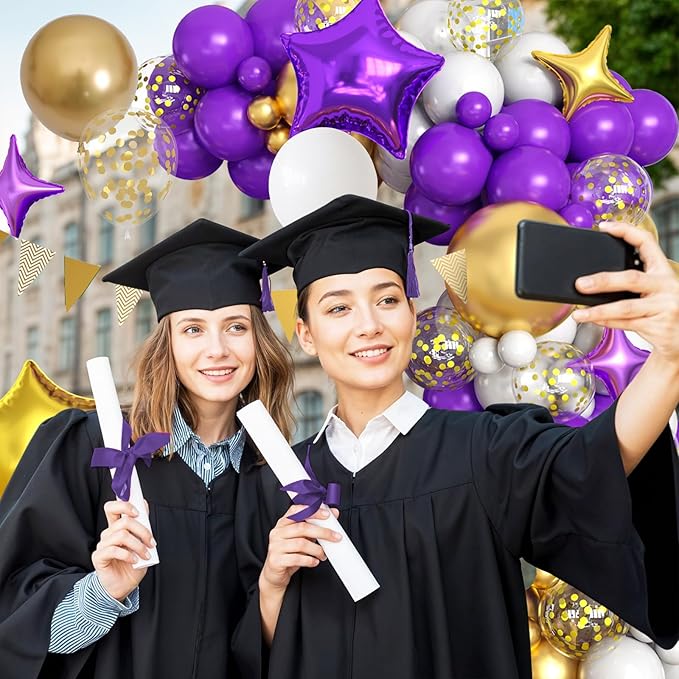 Purple Gold White Balloons Arch Kit with Star Balloon Pennant Flag Bunting 2025 Foil Balloon Banner Purple Gold Confetti Balloons Garland for Class of 2025 Graduation Theme Birthday Party Supplies