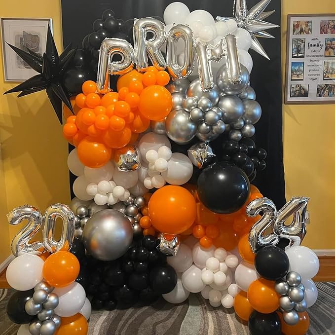 Orange Black White and Metallic Silver Balloons Garland Arch Kit, 146 Pcs Latex Balloons with Confetti for Birthday Party Graduation Father's Day Anniversary Bachelorette Party Decoration