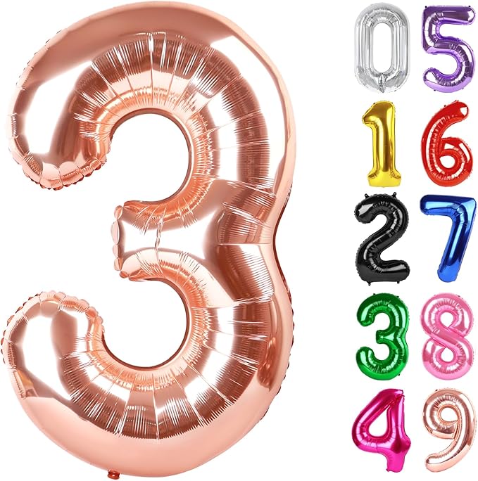Rose Gold Number 3 Balloon 40 Inch, 3rd Birthday Celebration Supplies for Girls Boys Women Men, 3 Balloon for Girls Boys Theme Party