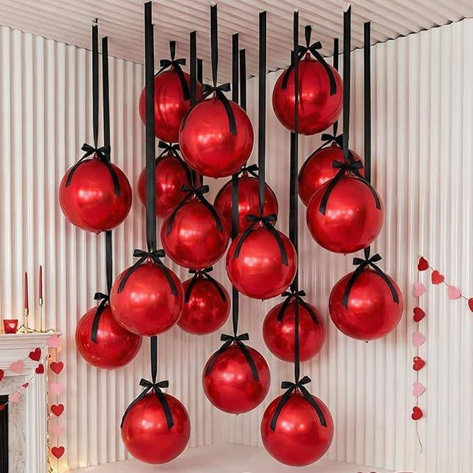 20 Pcs Metallic Red Foil Balloons Giant 22 Inch 4d Round Metallic Red Balloons with Black Ribbon for Birthday New Year Anniversary Tea Party Decorations