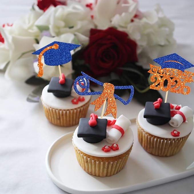 Gyufise 24Pcs Class of 2026 Graduation Cupcake Toppers Glitter Diploma 2026 Graduation Cap Cupcake Picks for 2026 Theme Party Cake Decorations Supplies Orange Blue