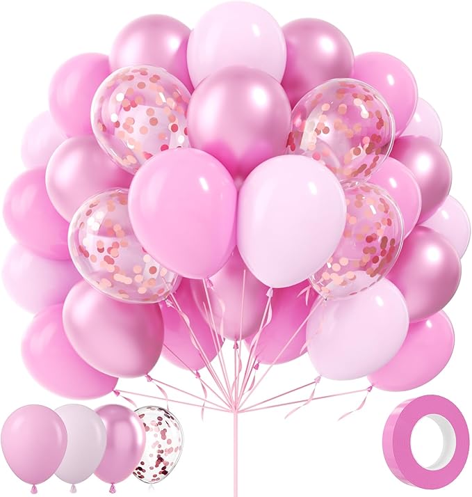 Pink Balloons Metallic Pink Balloons, 80Pcs 12inch Chrome Pink Light Pink Latex Confetti Balloon for Girl Birthday Princess Baby Shower Wedding Galentine's Day Valentine's Party Decoration
