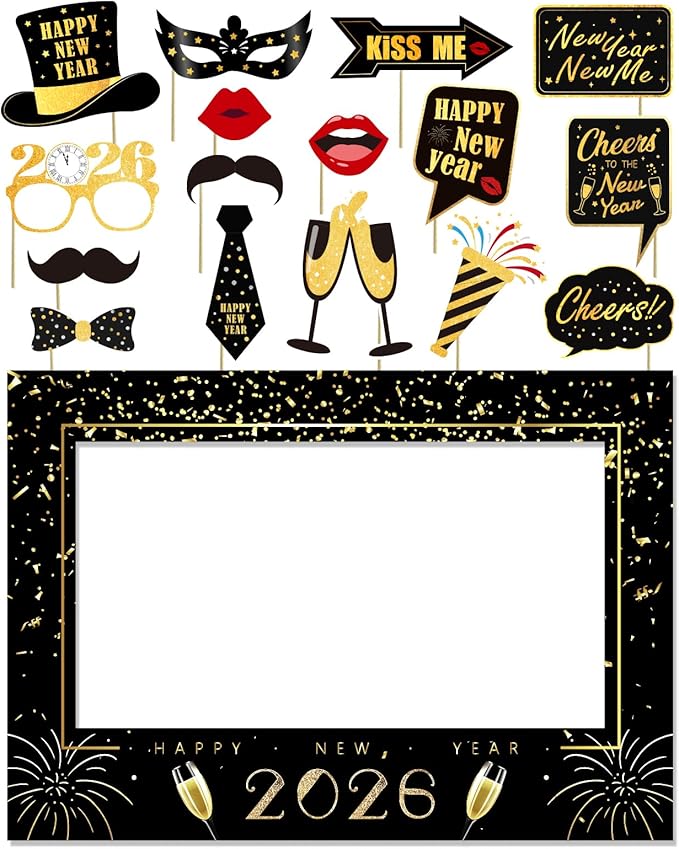 New Years Eve Party Supplies 2026, NYE Decorations Photo Booth Props Kit with Glitter Frame, Black Gold Funny Glasses & Mustache for Selfie (Pack of 17)