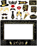 New Years Eve Party Supplies 2026, NYE Decorations Photo Booth Props Kit with Glitter Frame, Black Gold Funny Glasses & Mustache for Selfie (Pack of 17)