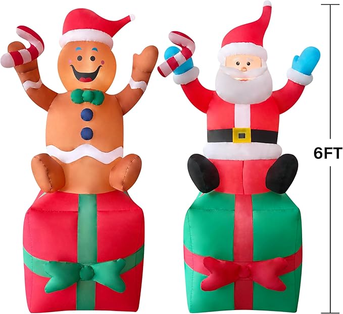 2 Packs 6FT Inflatable Christmas Santa Claus on Gift Box and Gingerbread Man Blow Up Decor for Christmas Outdoor/Doorway/Lawn Decor/Yard Party Decoration