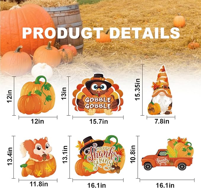 Thanksgiving Yard Signs with Stakes, 6-Pack Thanksgiving Decorations Outdoor Turkey Yard Signs, Fall Outdoor Decorations, Squirrel, Turkey, Gnome, Pumpkin, bumper harvest Car, Lawn Signs for Outside