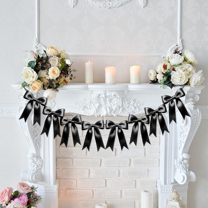 2 Strings of 16PCS Black Bow Garlands Banner Decoration,Pre-Strung Satin Ribbon Ornaments for Birthday,Bachelorette Party,Bridal Shower,Wedding,Engagement,Baby Shower, Graduation Decor,Anniversary